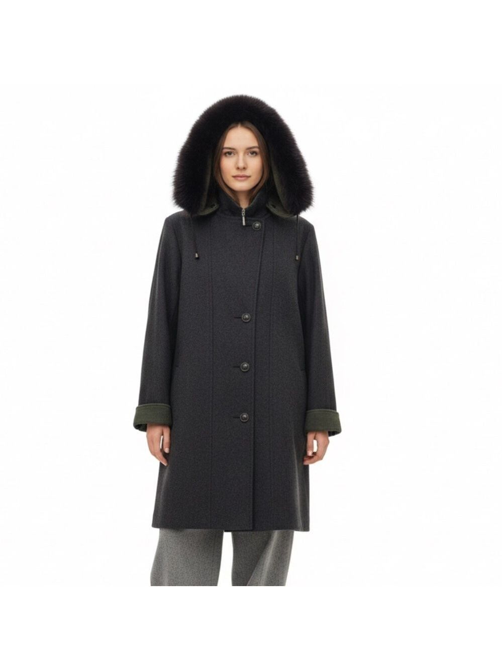 Vtg Italian made grey green wool blend LODEN coat removable fur trim hood EU 38